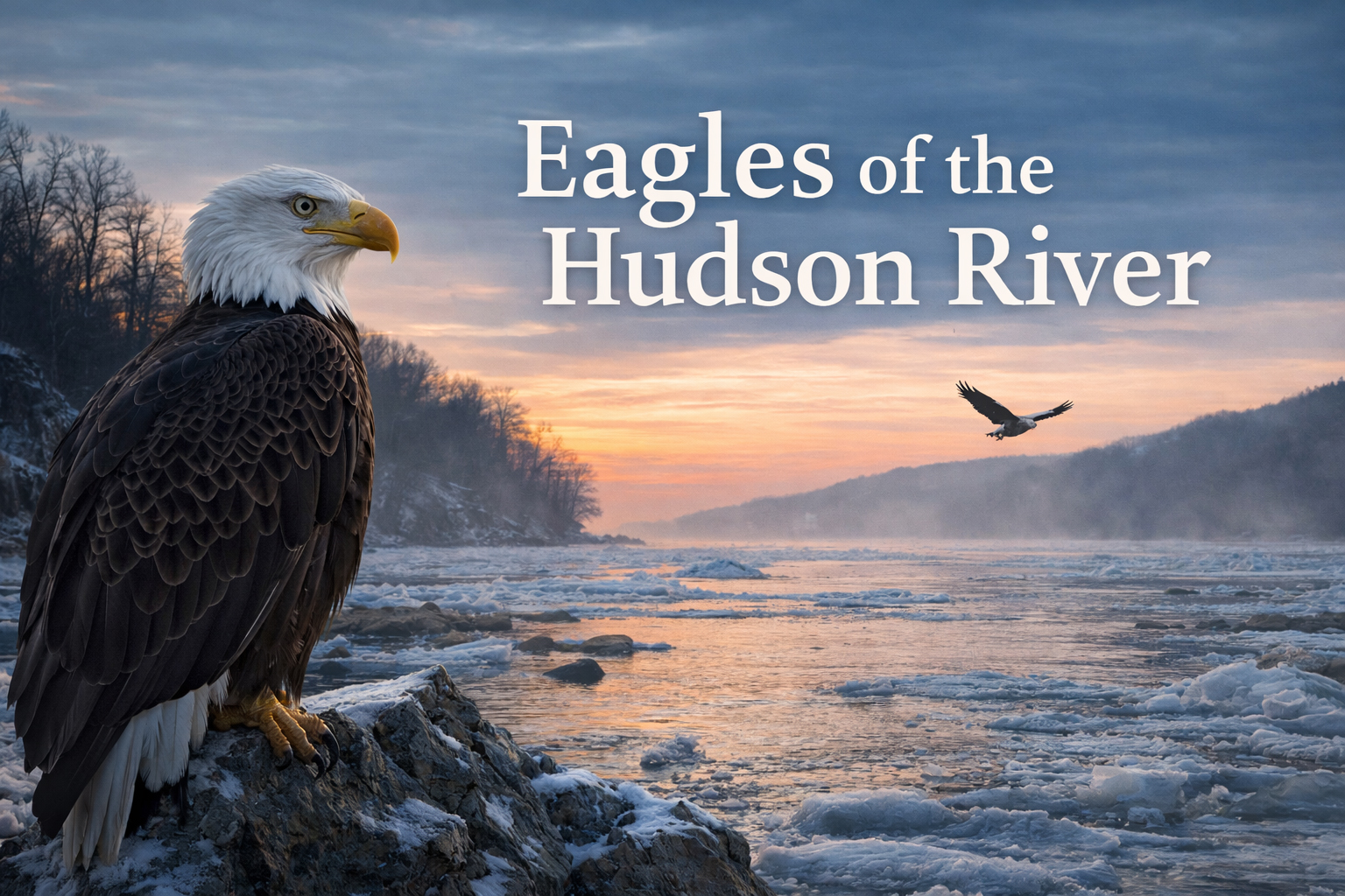 Bald eagle flying over the Hudson River