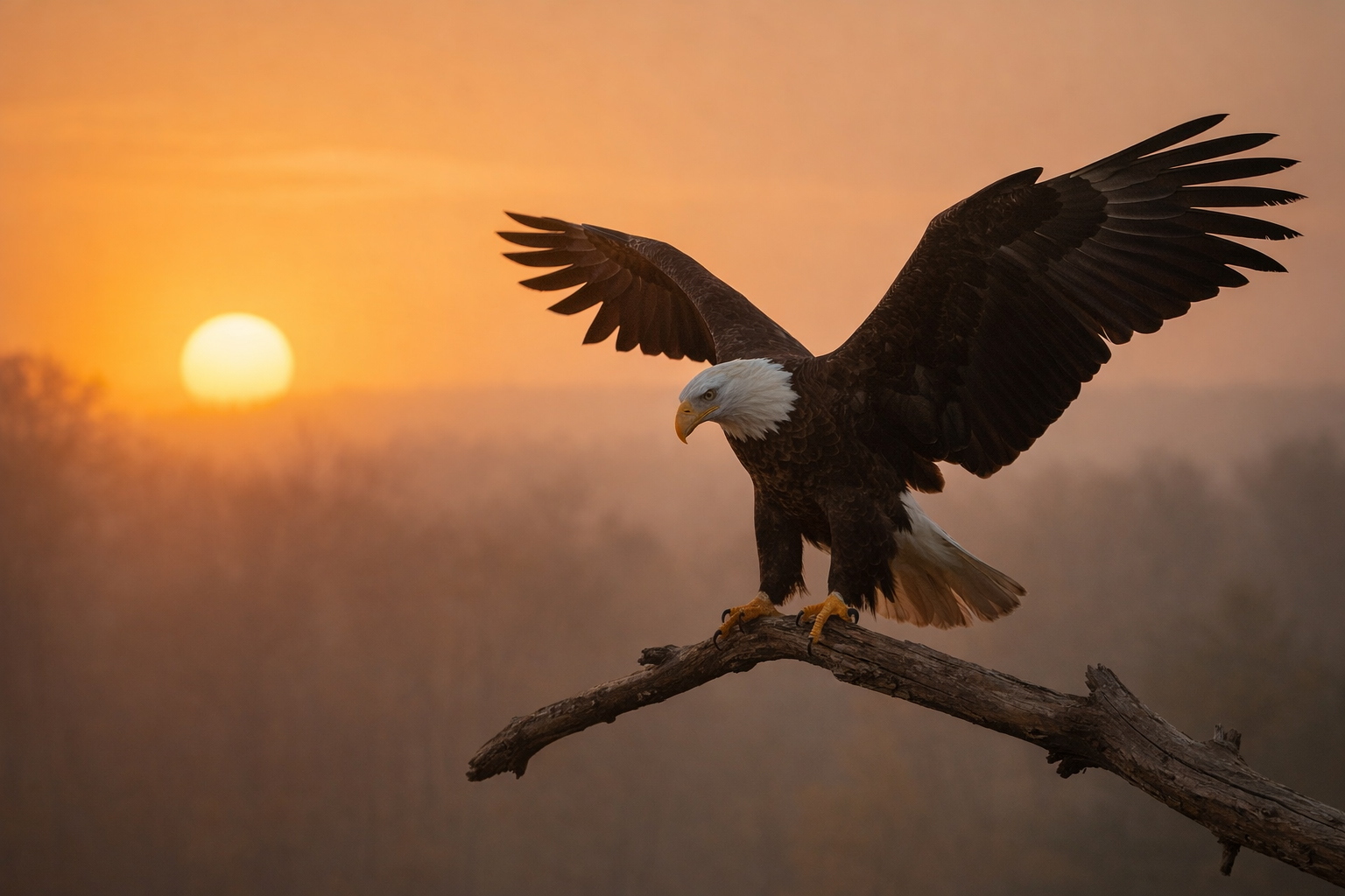 Bald eagle perched in winter trees